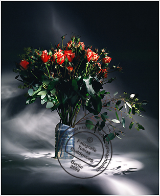 Blumen 13 - Transparente Flasche mit Strau rot-weier Rosen